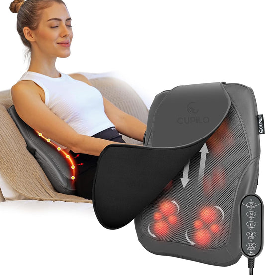 CuPiLo Shiatsu Low Back Massager with Heat, 3D Kneading Massage Pillow for Deep Tissue, Portable Rolling Lower Back Massager for Home Office, Gifts for Men Women Mom Dad