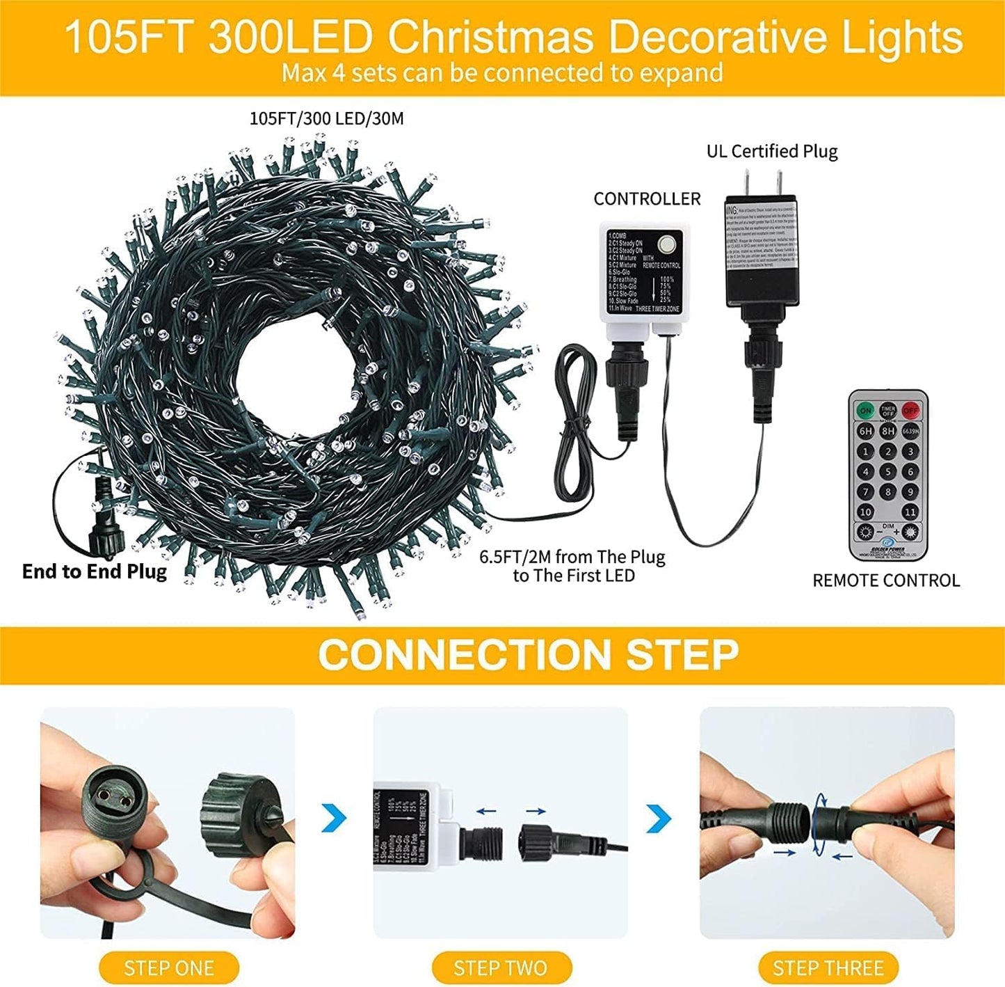 Tcamp 105FT 300 LED Purple Orange Halloween Decorations Lights Motion Activated Sync with 4 Scary Music, 6 Modes Halloween String Lights for Party Yard Outdoor Indoor Decor (3 Sets Connectable)