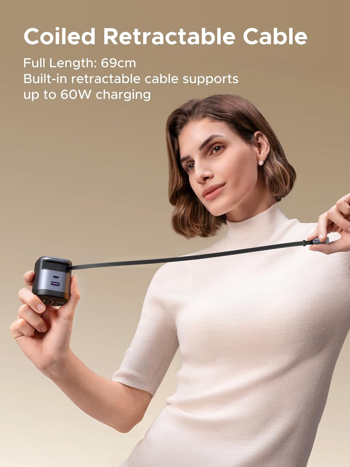 UGREEN 65W Retractable USB C Charger Block with Built-in Cable, GaN Fast Charging Wall Charger 2 Ports Compatible for iPhone 16 15 14, Galaxy S25 S24, Pixel 9 Pro 8 7, MacBook Pro/Air, iPad，Airpods