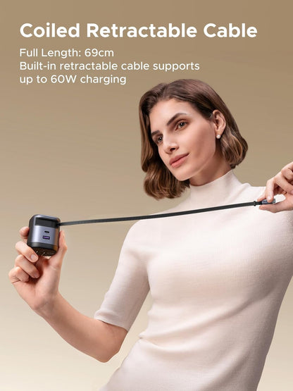 UGREEN 65W Retractable USB C Charger Block with Built-in Cable, GaN Fast Charging Wall Charger 2 Ports Compatible for iPhone 16 15 14, Galaxy S25 S24, Pixel 9 Pro 8 7, MacBook Pro/Air, iPad，Airpods