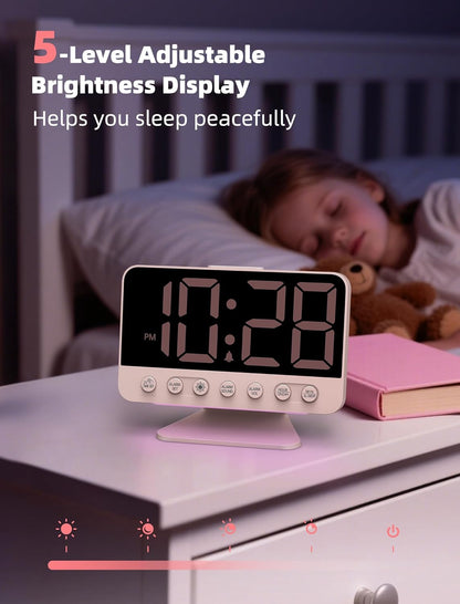 Odokee Digital Alarm Clocks for Bedrooms: Large Bold Number 5 Brightness Dimmer - Easy to Read Across The Room - 5 Alarm Sound 8 Night Light - Silver