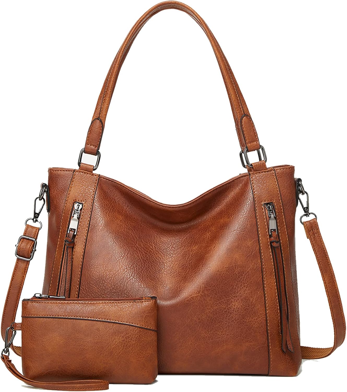 Hobo Bags for Women Handbags Purse Ladies Boho Shoulder Bag Crossbody Purses PU Leather Brown 2PCS