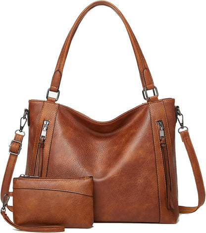 Hobo Bags for Women Handbags Purse Ladies Boho Shoulder Bag Crossbody Purses PU Leather Brown 2PCS