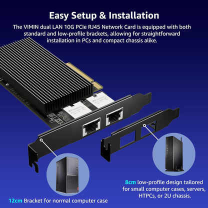 10G PCI-E Network Card with 10Gbps Dual RJ45 Ports, Intel X540-T2 Conrtoller, VIMIN 10Gb Ethernet Adapter Card Compatible with PCI Express X8, X16, Support Windows/Windows Server/Linux/VMware