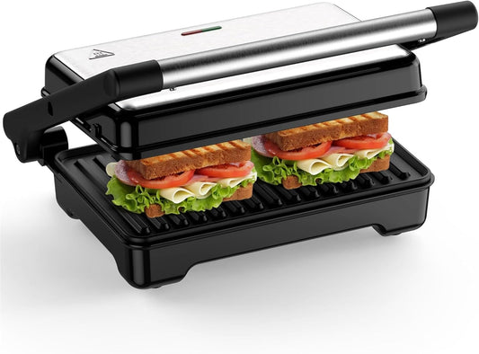 YASHE Panini Grill Press, 1200 W Sandwich Maker, Panini Maker with Non-Stick Coated Cast Aluminum Plates, Fits 2 Slices of Bread, 180-Degree Opening, Easy to Clean,Versatile Use