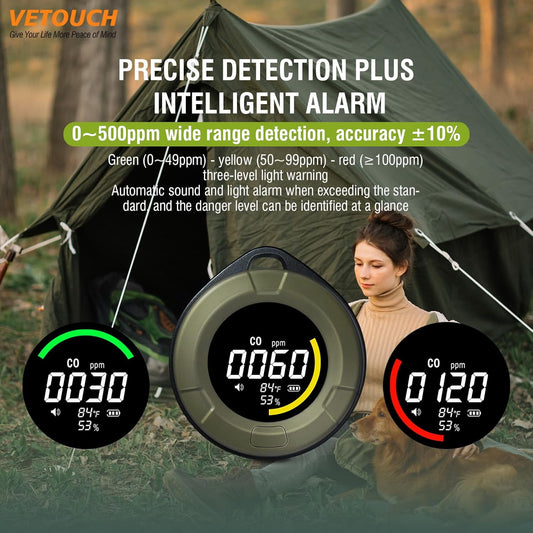 Portable Carbon Monoxide Detector, 3 in 1 CO/Temperature/Air Humidity MeterDetector with Round HD LCD Display, Portable CO Detector for Home, Camping and Travel