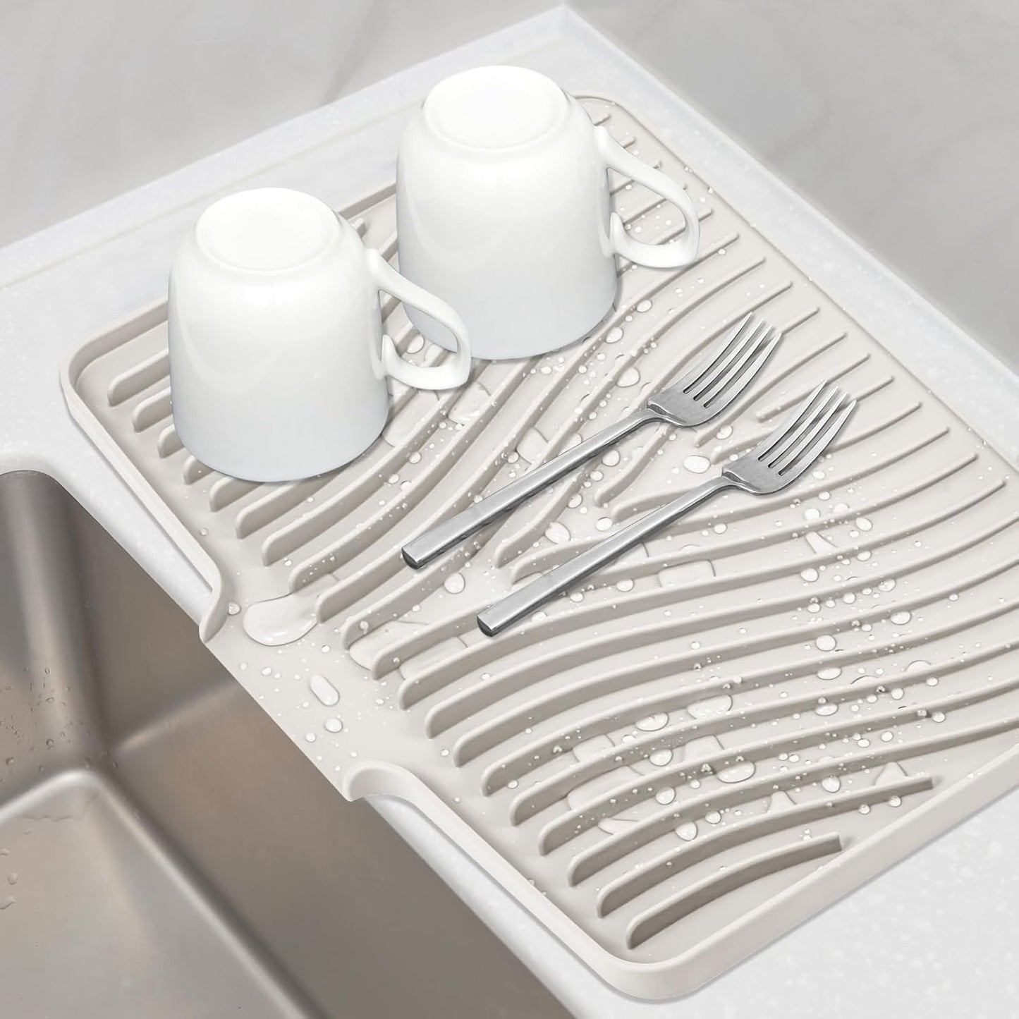 TIKNIK Silicone Dish Drying Mat for Kitchen Counter, Dish Drying Pad, Non-Slip Drain Pad with Built-in Drain, Heat Resistant Stone Drying Mat(40 L x 33 W cm, Grey)