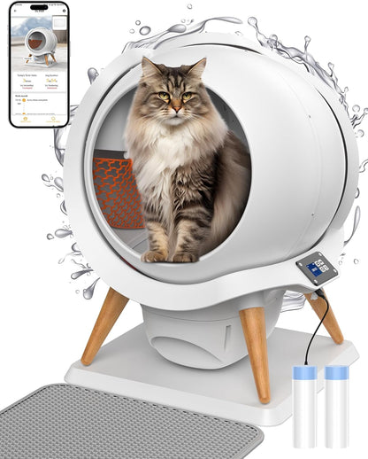 HoneyGuaridan Self Cleaning Cat Litter Box, Automatic Cat Litter Box for Multiple Cats,Water Rinsable and Easy to Clean,APP Control,Integrated Safety Protection,2 Roll Garbage Bags