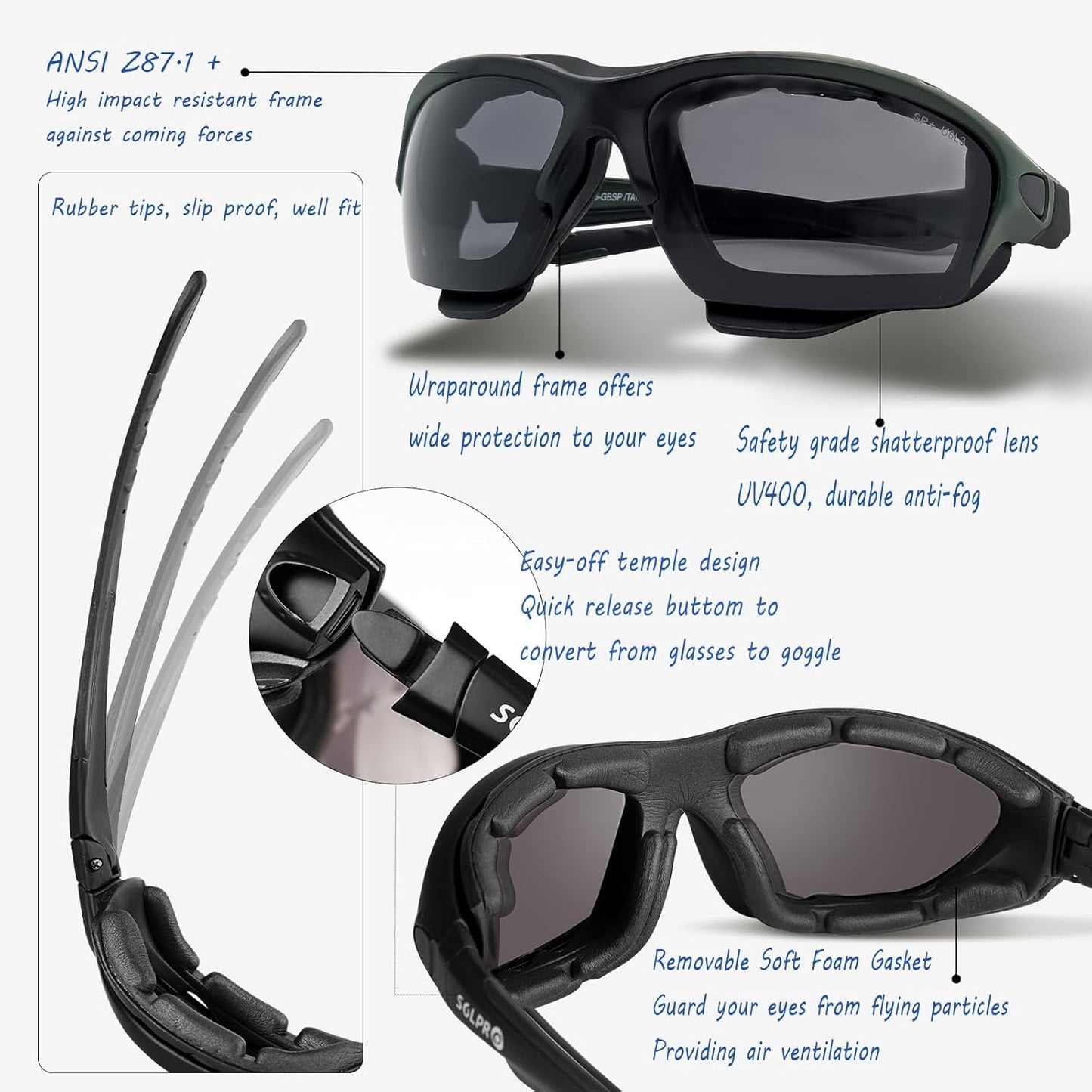 Powersports Glasses Safety Motorcycle Goggle, Anti-fog, Z87 Wrap around, Hunting, Riding, Mowing, Fit Men and Women
