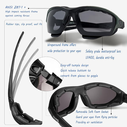 Powersports Glasses Safety Motorcycle Goggle, Anti-fog, Z87 Wrap around, Hunting, Riding, Mowing, Fit Men and Women