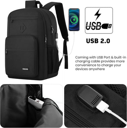 Black Backpack for Men Women, Durable Casual School Backpacks Teens Boys and Girls Classic 15.6 Inch Laptop Bookbag with USB Charger for College High School Work Travel