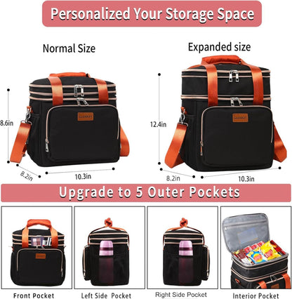 Expandable Large Lunch Bag, Double Deck Insulated Lunch Box Leakproof Durable Soft Cooler Bag for Men Women Adults Work Construction Beach Picnic Daytrip,16L,Black, GLENKEY