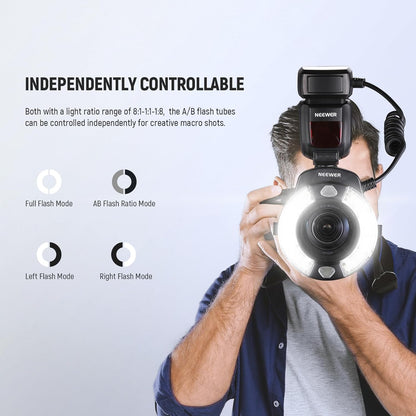 NEEWER RF1-N Marco Ring Flash Light Compatible with Nikon Camera, 76Ws GN15 5600K TTL Lighting 1-1/128 Output Front/Rear Curtain Sync Color Gels, Lens Adapter Rings for Macro Photography Studio Photo - PuriLite