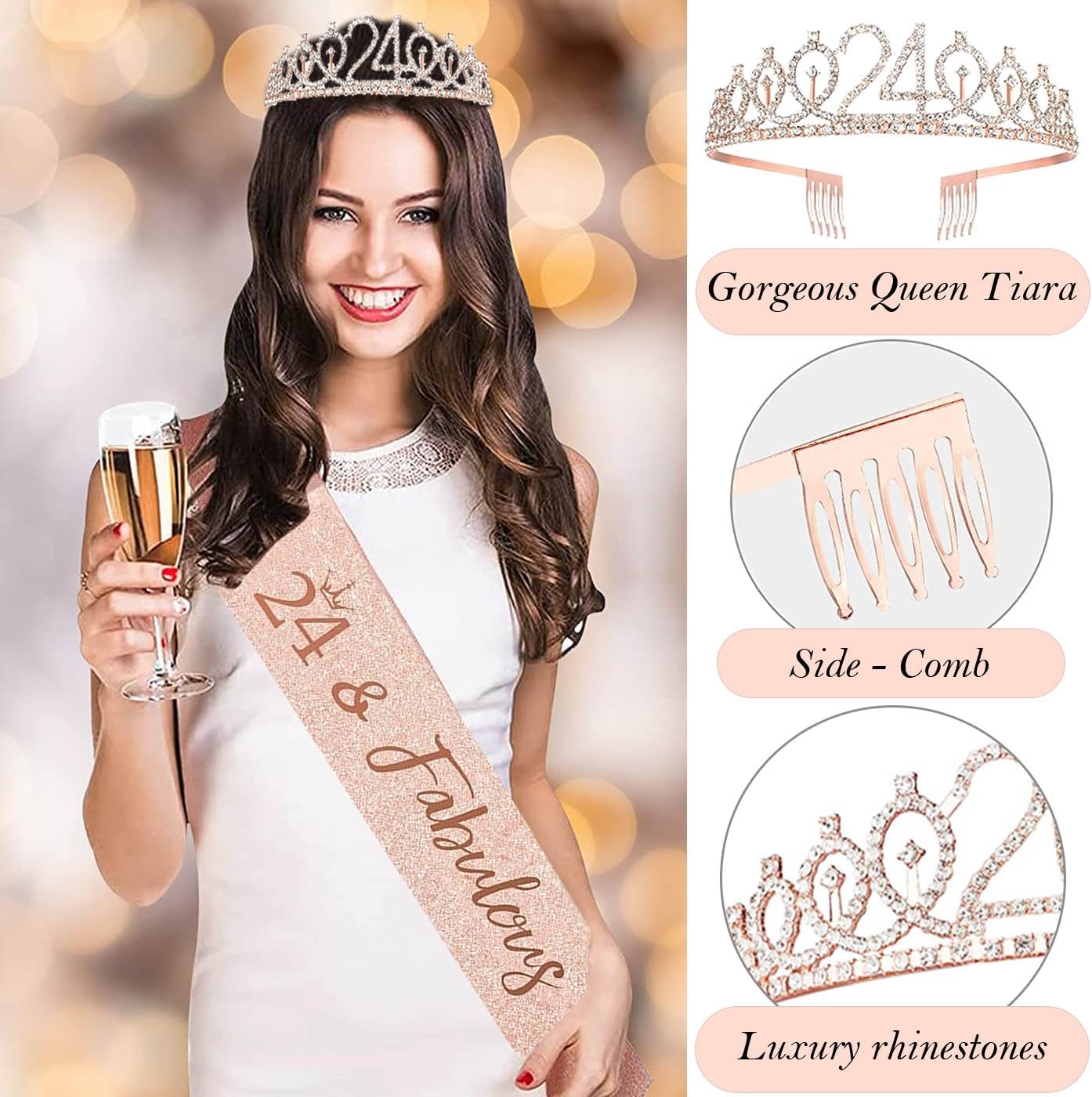 8pcs 40th Birthday Decorations gifts for Women, Including 40th Happy Birthday Cake Topper, Queen Sash with Pearl Pin, Sweet Rhinestone Tiara Crown for Women, Number Candles and Balloons (Rose Gold)