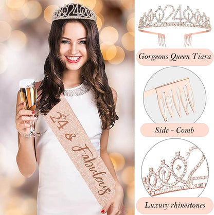 8pcs 40th Birthday Decorations gifts for Women, Including 40th Happy Birthday Cake Topper, Queen Sash with Pearl Pin, Sweet Rhinestone Tiara Crown for Women, Number Candles and Balloons (Rose Gold)
