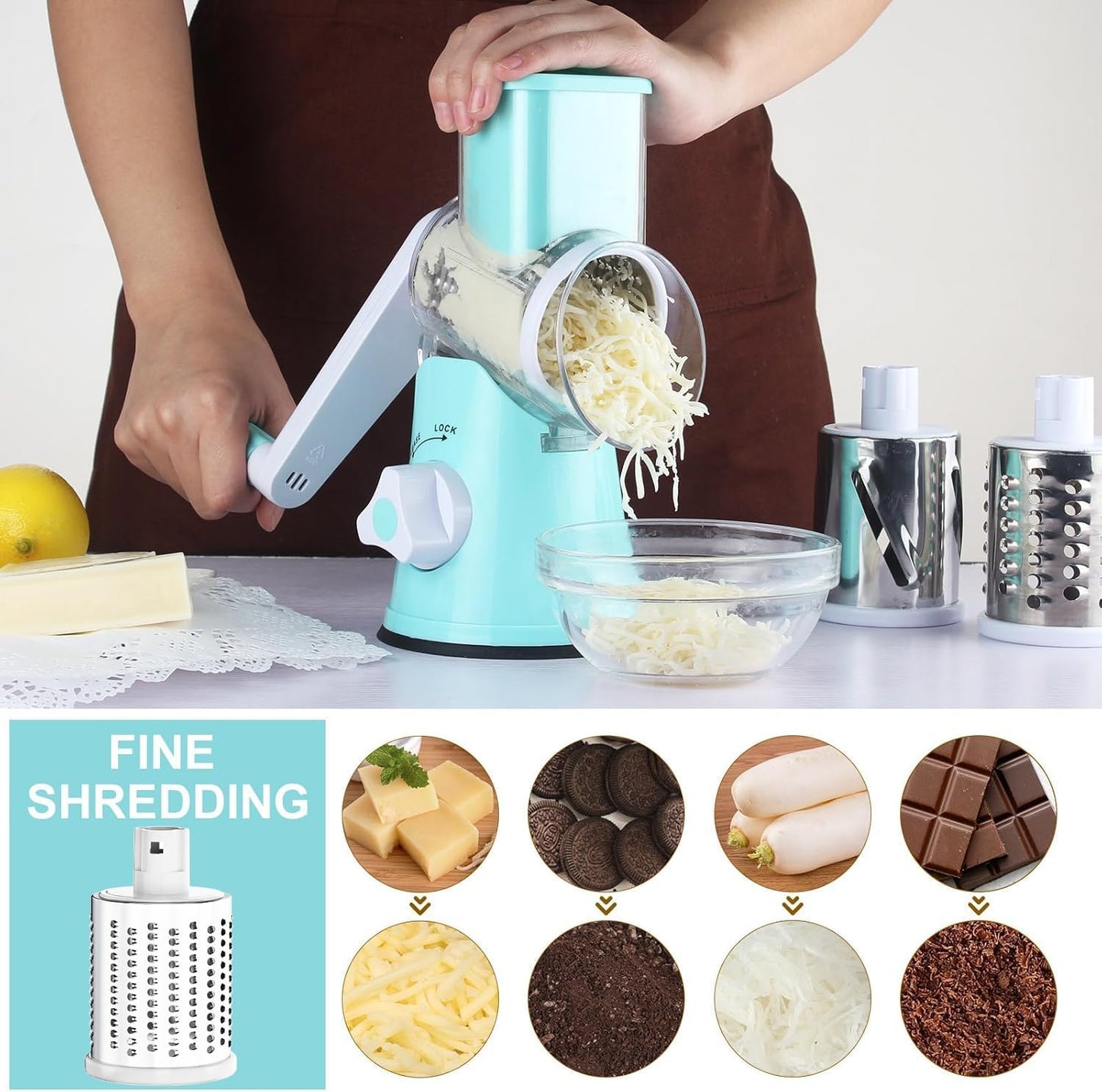 Purilite Select Rotary Cheese Grater with 3 Stainless Steel Blades