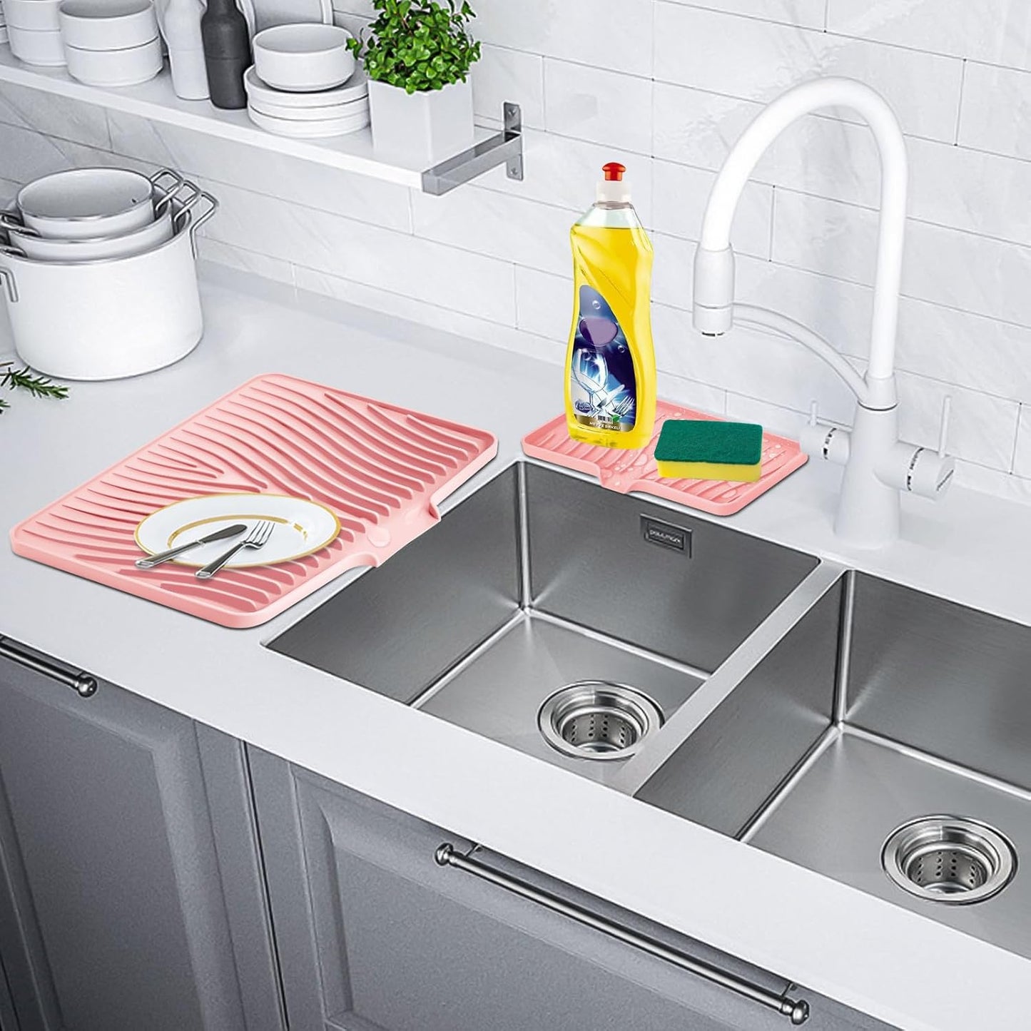 TIKNIK Silicone Dish Drying Mat for Kitchen Counter, Dish Drying Pad, Non-Slip Drain Pad with Built-in Drain, Heat Resistant Stone Drying Mat(40 L x 33 W cm, Grey)