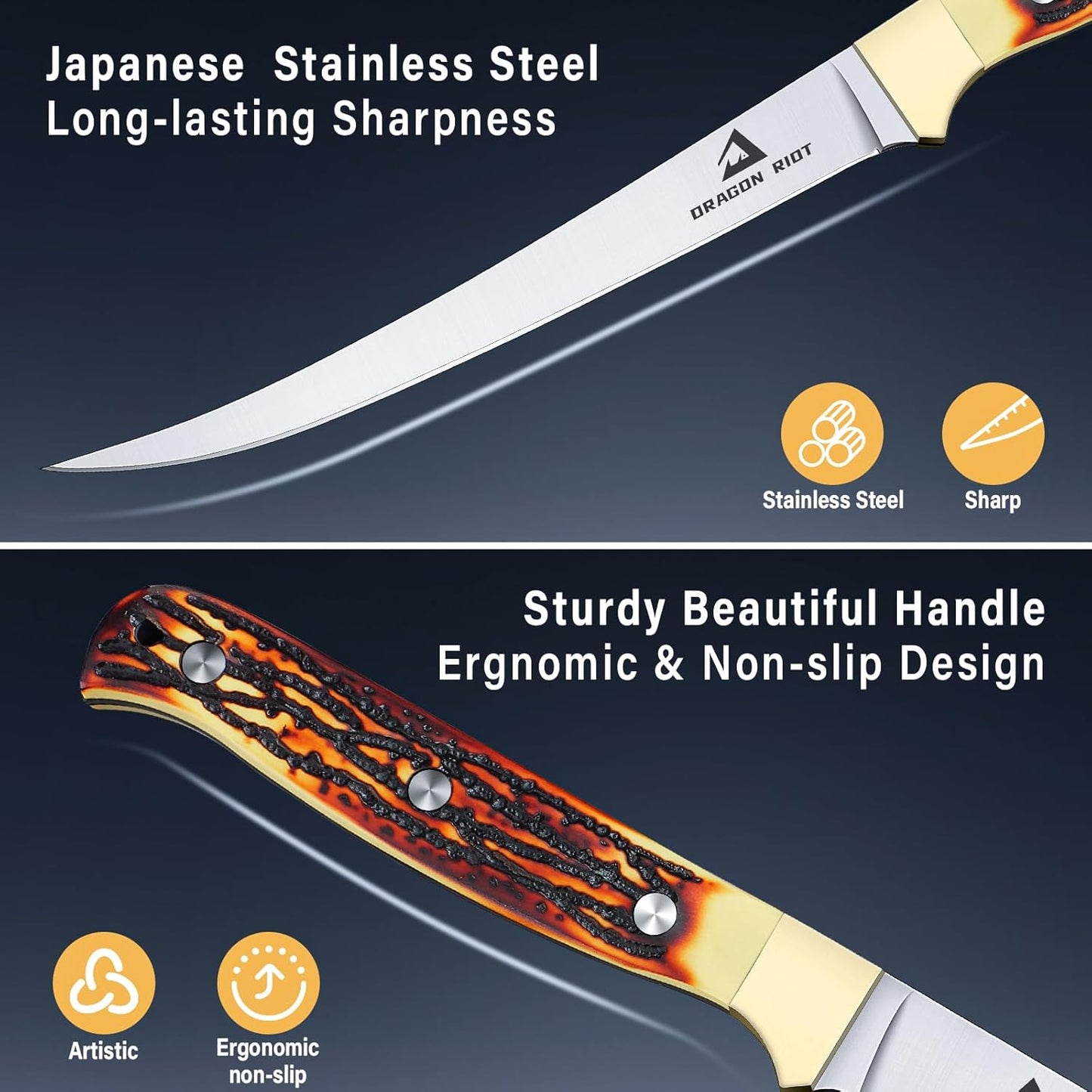 DRAGON RIOT Fillet Knife 7.5 inch Professional Boning Knife for Filleting Japanese Stainless Steel Fish Knife with Ergonomic Handle Super Sharp Fish Filleting Knife for Meat Poultry Cutting