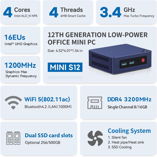 Beelink Mini PC, Mini S12 Intel 12th N95 4C/4T, 8GB DDR4 RAM 480GB SSD