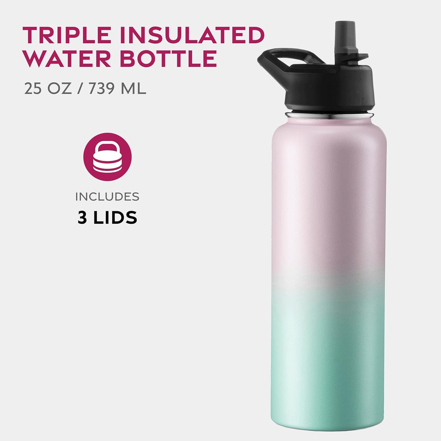 FineDine Water Bottle - Stainless Steel Insulated Water Bottle with Straw Lid, Flip Lid & Wide-Mouth Cap - Keeps Hot and Cold - 25 Oz / 739ml - Pure Pearly White