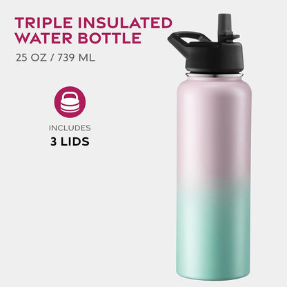 FineDine Water Bottle - Stainless Steel Insulated Water Bottle with Straw Lid, Flip Lid & Wide-Mouth Cap - Keeps Hot and Cold - 25 Oz / 739ml - Pure Pearly White