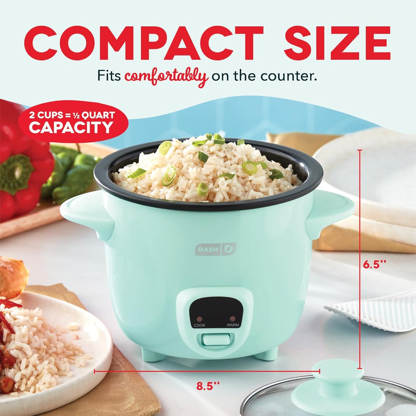 Dash DRCM200GBAQ04 Mini Rice Cooker with Keep Warm, 2 cup, Aqua