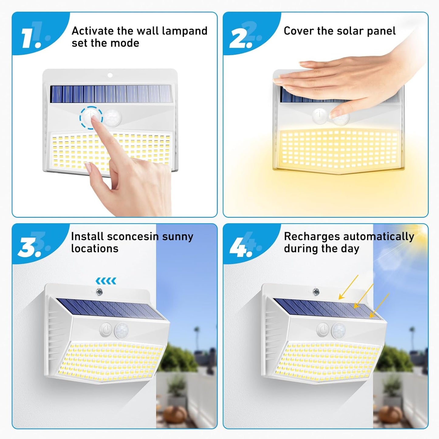 Solar Lights Outdoor, [ 8 Pack/138LED ] Solar Motion Sensor Light Outdoor with 3 Lighting Modes Wireless Waterproof Solar Wall Lights Solar Security Lights for Fence Yard Garden Deck Garage