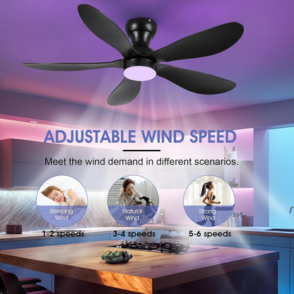 Modern Ceiling Fans with Lights Remote/APP Control, 29" Flush Mount Ceiling Fans with 3 CCT Dimmable Lights, Low Profile Ceiling Fans with 5 Propeller Blades LED Lights for Kids Room Bedroom, Brown - PuriLite