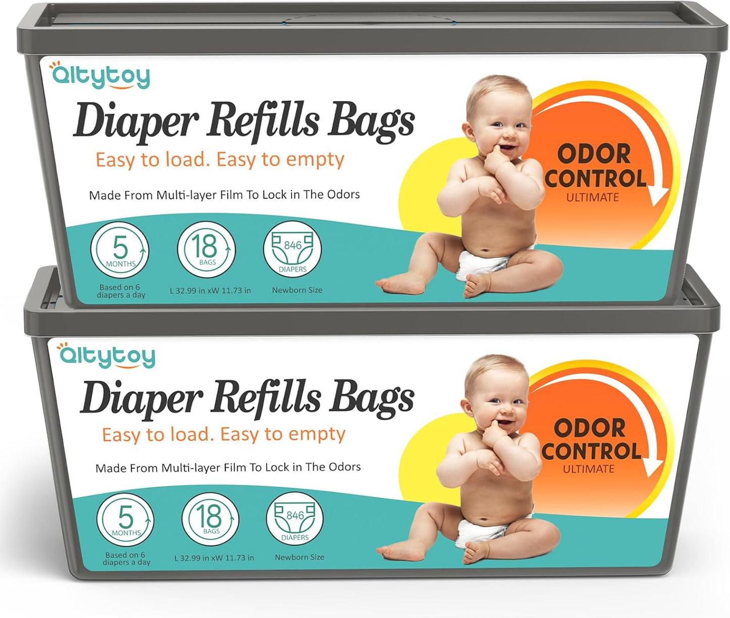 Qltytoy Diaper Pail Refill Bags Compatible with Diaper Genie Easy Roll Signature & Platinum Pails, 2-Pack (36 Bags) Hold up to 1692 Newborn Diapers Extra Thickness Powerful Odor Control Easy to Use