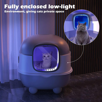 Ultra Large Fully Enclosed Cat Litter Box,Self Cleaning Cat Litter Tray for Cats with Automatic Anti-Sand Cage,Easy to Clean,Deodorize,Splash Proof Litter Box with Lid,55x38x36cm (Blue)