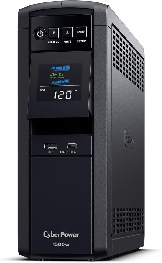 CyberPower CP1500PFCLCD PFC Sinewave UPS System, 1500VA/1000W, 12 Outlets, AVR, Mini Tower, Black - PuriLite