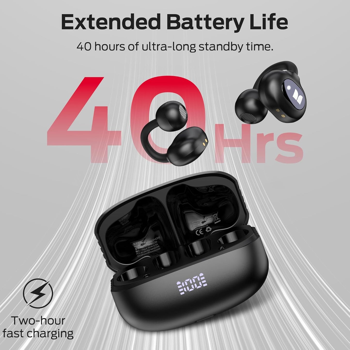 Monster Open Ear AC339 Earbuds, Bluetooth 6.0 Earphones Stereo Sound, Open Ear Clip Wireless Earbuds 40 Hours Playback, with Smart Digital Display Design, Touch Control, IPX6 Waterproof