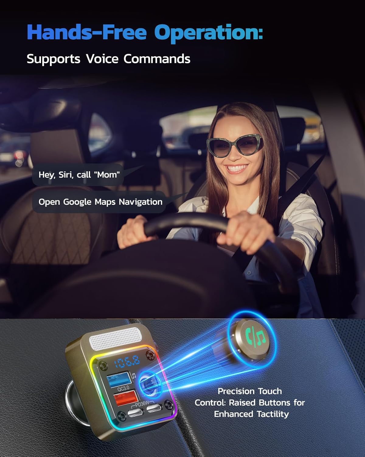 Nulaxy 54W [PD 36W & QC3.0 18W] Bluetooth 5.3 Car Adapter with 4 Charging Ports, Wireless Radio FM Transmitter Audio Receiver with Deep Bass MP3 Music Player, 5 Colors LED Backlit, Hands-Free Calling