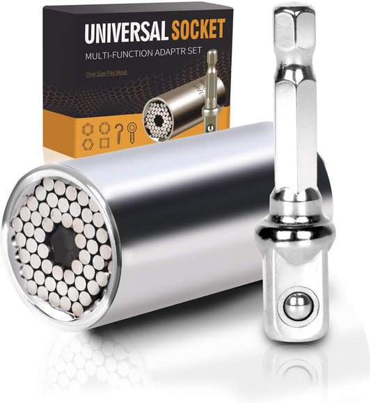Universal Socket Tool Adjustable Wrench – Multi-Function Socket with Drill Adapter – Stocking Stuffer (Silver)