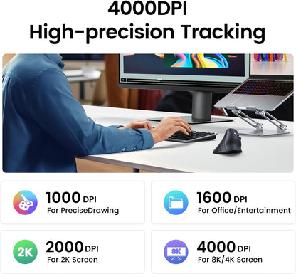 UGREEN Ergonomic Wireless Vertical Mouse with 5 Buttons, Bluetooth 5.0 & 2.4Ghz with USB Receiver, 4 DPI Levels up to 4K, Silent Click, Compatible with Windows, Linux, Mac, Android and Chrome