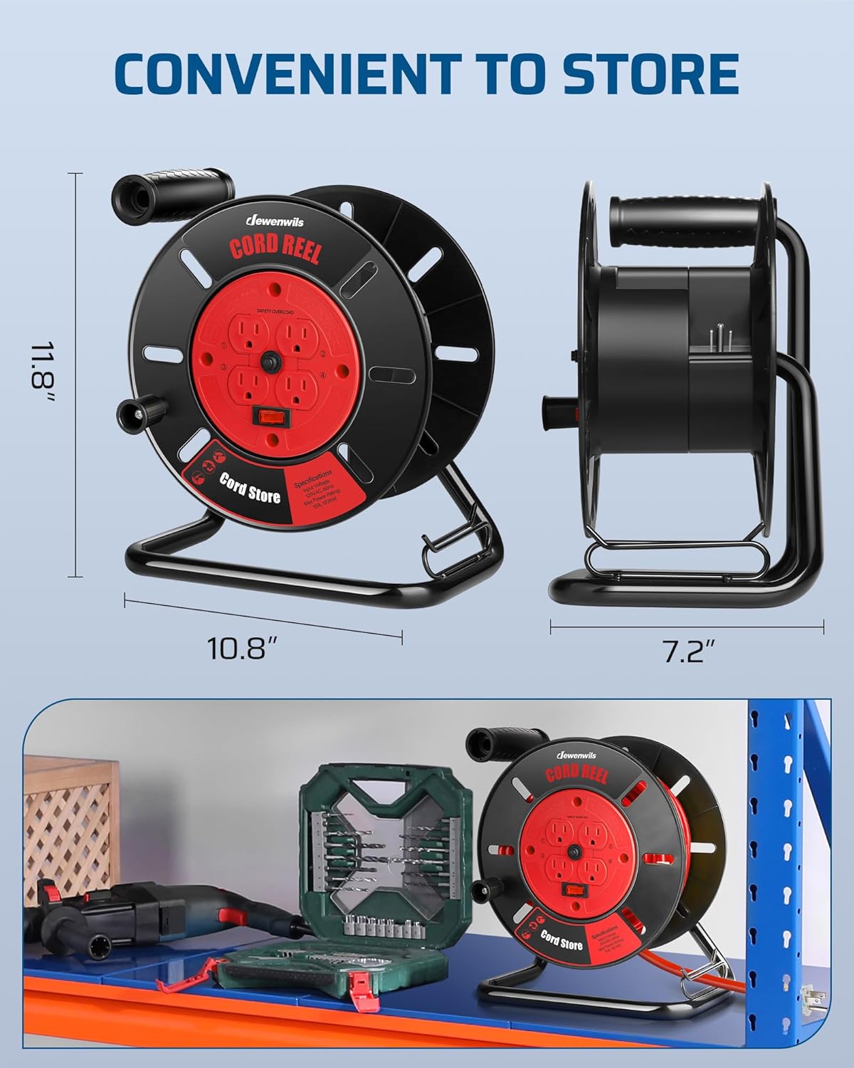 DEWENWILS Extension Cord Storage Reel with 4-Grounded Outlets, Heavy Duty Open Cord Reel for 12/3,14/3,16/3 Gauge Power Cord, Hand Wind Retractable, 10A Circuit Breaker, Rocker Power Switch