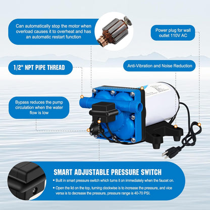 DC HOUSE 12V RV Fresh Water Pump 3.0GPM 45 PSI 12Volt DC Water Pressure Diaphragm Pump On Demand for Camper Trailer Off-Grid Cottage Yacht House