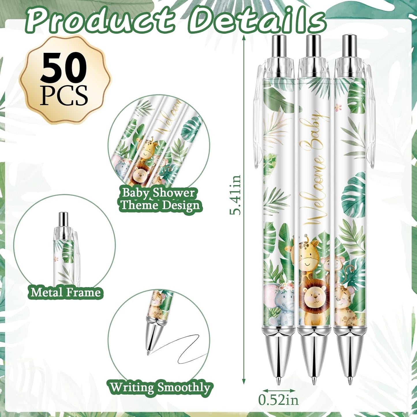 Lebsitey 50 Sets Pen Baby Shower Favors Gifts for Guests Includes 50 Rolling Paper Ballpoint Pens and 50 Greeting Thank You Bookmarks Baby Shower Party Favors (Safari)