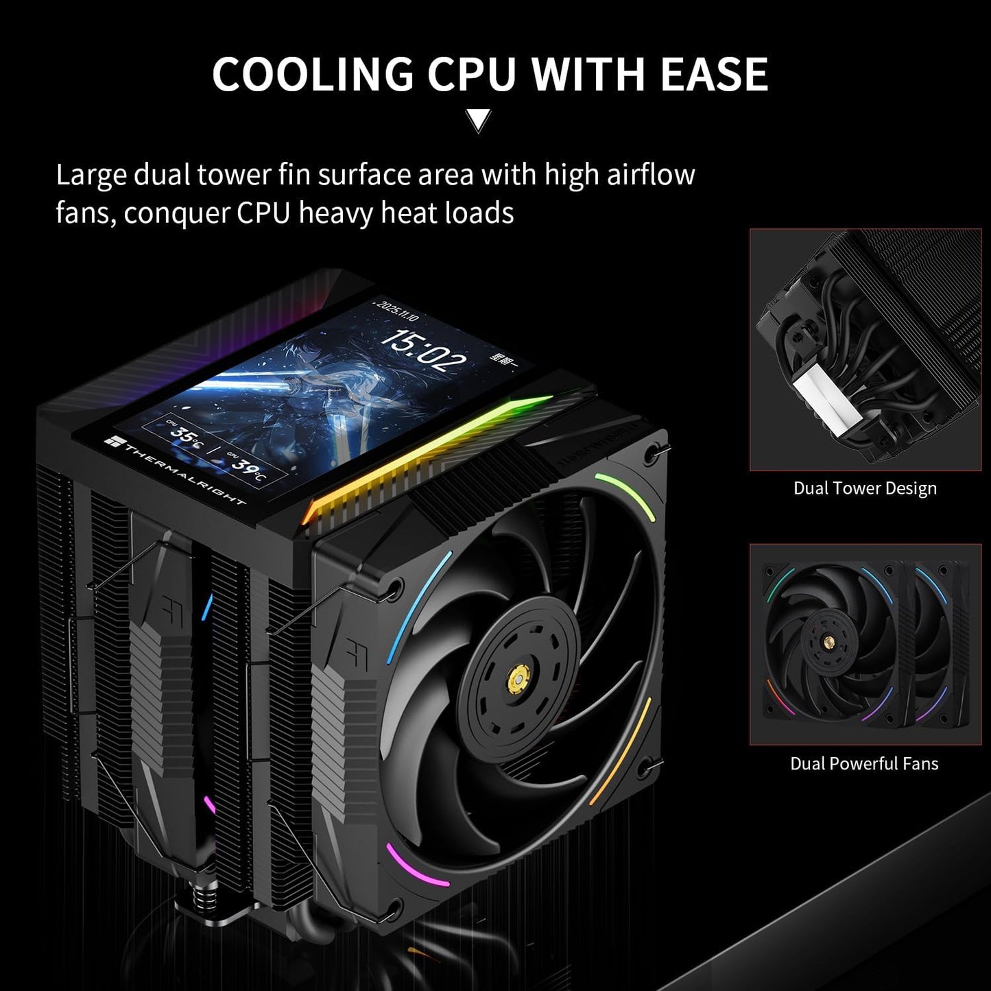 Thermalright Peerless Assassin 120 Vision MAX ARGB Black CPU Air Cooler,PC Heatsink Cooler with Dual PWM Fans,PC Display Screen Cooler of 5’’-Magnetic,480x854 Resolving,for LGA1851/1700,AM5