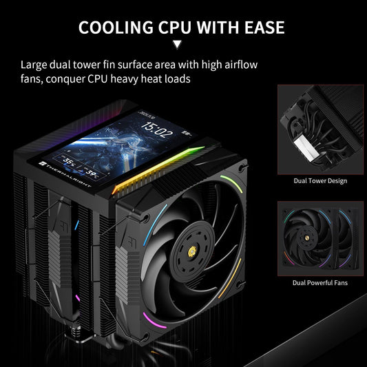 Thermalright Peerless Assassin 120 Vision MAX ARGB Black CPU Air Cooler,PC Heatsink Cooler with Dual PWM Fans,PC Display Screen Cooler of 5’’-Magnetic,480x854 Resolving,for LGA1851/1700,AM5
