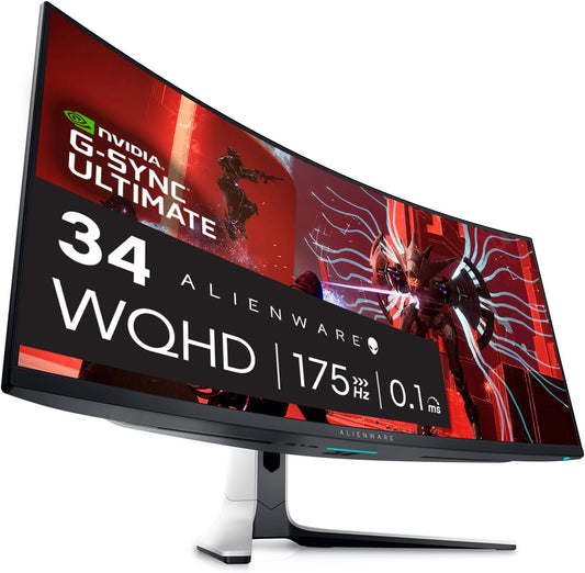 Alienware AW3423DW 34.18-inch Quantom Dot-OLED Curved Gaming Monitor, 3440x1440 pixels at 175Hz, 1800R Curvature, True 0.1ms gray-to-gray, 1Million:1 Contrast Ratio, 1.07 Billions Colors - Lunar Light