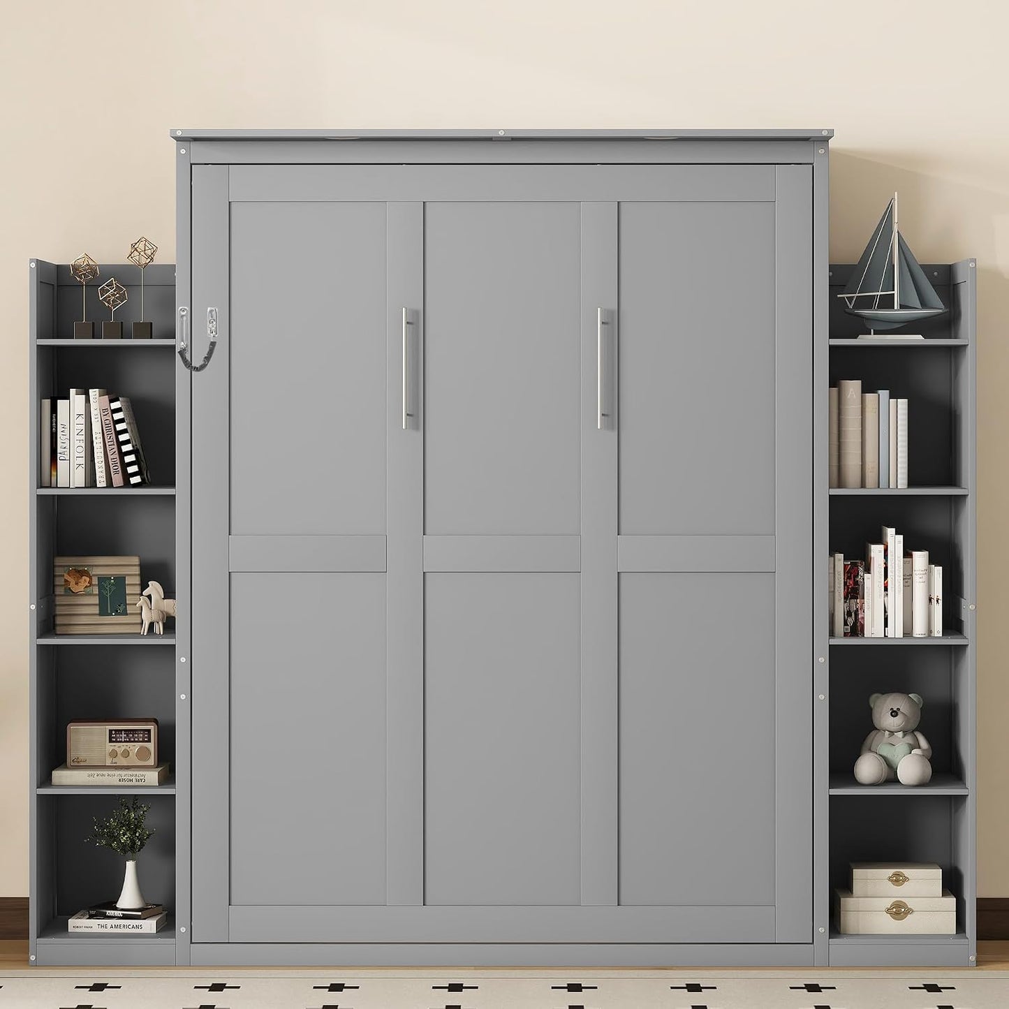 Merax Queen Size Murphy Bed with 2 Five-Layer Cabinet, Wall Bed with Shelves and Lights, Foldable Platform Bed Folded into Cabinet for Guest Room, Home and Office (Gray)