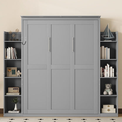 Merax Queen Size Murphy Bed with 2 Five-Layer Cabinet, Wall Bed with Shelves and Lights, Foldable Platform Bed Folded into Cabinet for Guest Room, Home and Office (Gray)