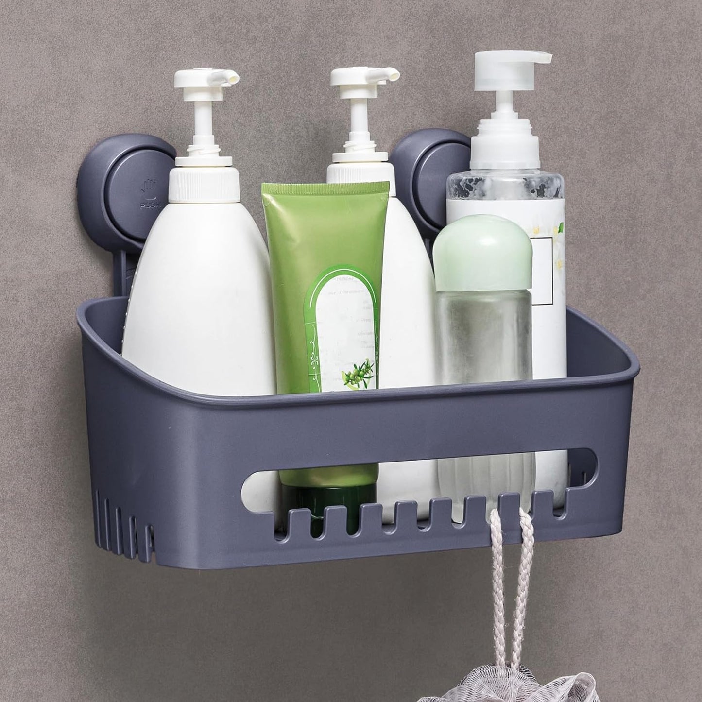 LEVERLOC Shower Caddy Suction Cup, 2 Pack Black Shower Shelf with Hooks and Soap Holder, NO-Drilling Bathroom Organizer, Rustproof Metal Bathroom Storage and Organization
