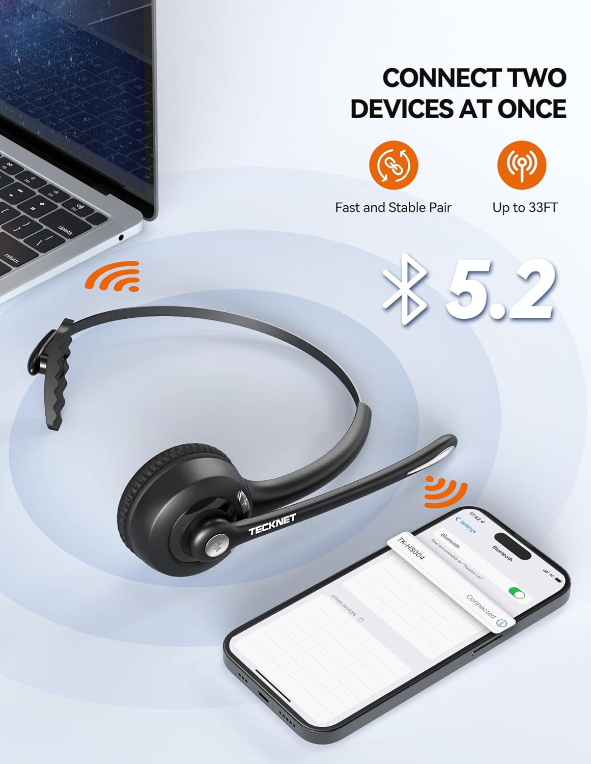 TECKNET Wireless Headset, Bluetooth Headphones with Noise Cancelling Microphone for Trucker, Hand Free Wireless Headset with Mute Mic for Cellphone/PC/Home/Office/Call Center