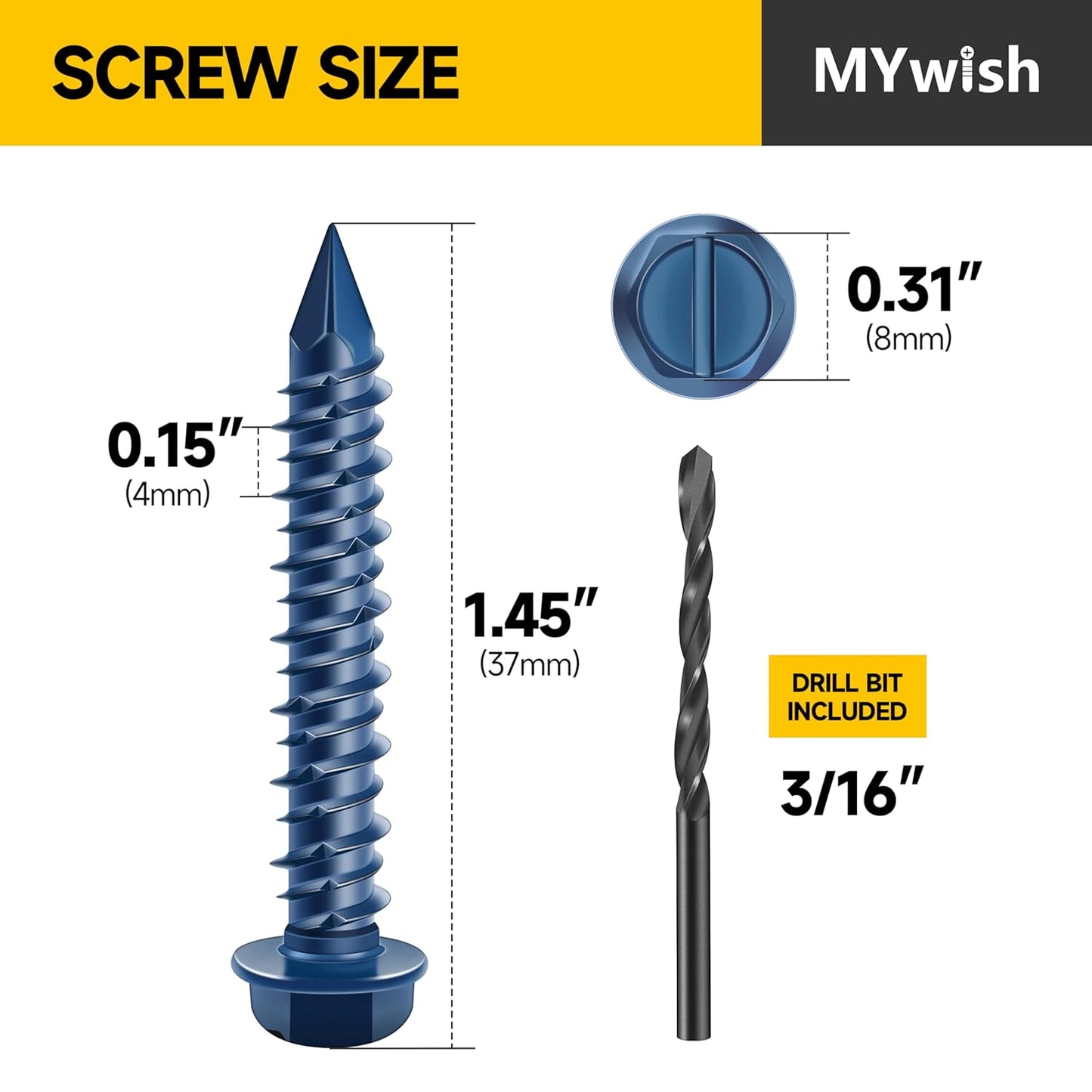 Mywish 30Pcs 1/4 x 1-3/4" Concrete Screws, Slotted Hex Washer Head Stucco Screws Anchor Kit with 3/16 Drill Bit, Masonry Screws Self Tapping for Anchoring to Masonry, Block or Brick Stucco