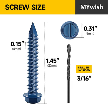 Mywish 30Pcs 1/4 x 1-3/4" Concrete Screws, Slotted Hex Washer Head Stucco Screws Anchor Kit with 3/16 Drill Bit, Masonry Screws Self Tapping for Anchoring to Masonry, Block or Brick Stucco