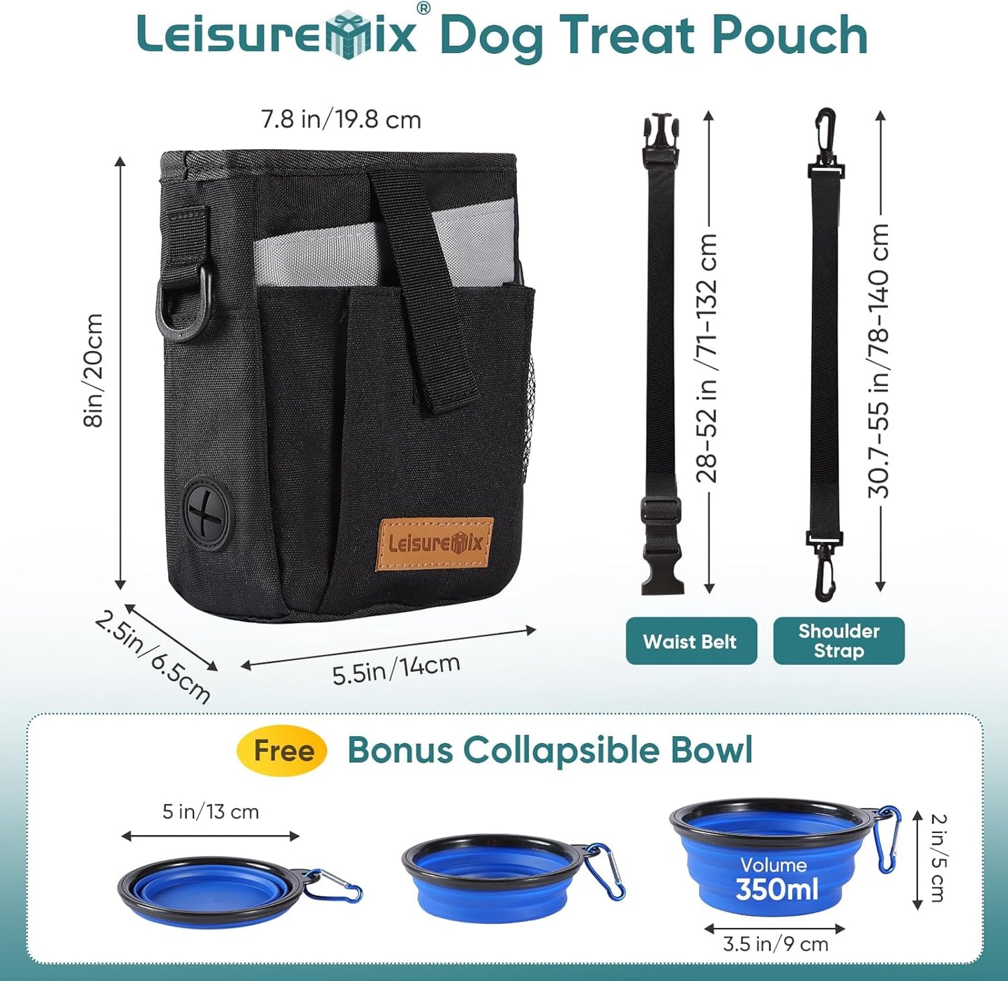 Dog Treat Pouch with Collapsible Bowl & Zippered Pockets Hands-Free Training Treat Pouch Bag for Dogs Waterproof Pet Waist Bag, Adjustable Strap Training, Hiking, Outdoor Use (Black)