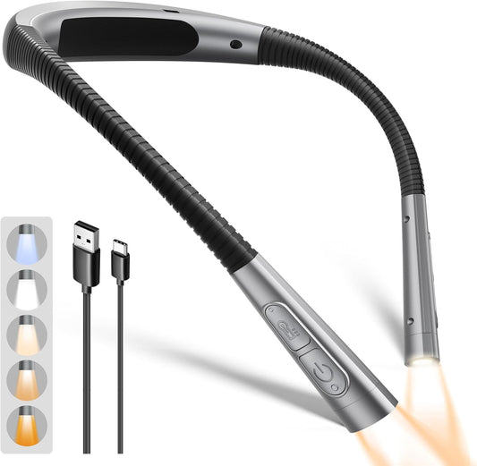 Glocusent Upgraded Neck Light,100Hrs Slimmer Reading Light for Books in Bed | 5 Color & 5 Brightness Book Light,Rechargeable Reading light Perfect for Crocheting,Knitting Repairing,Book Lovers,Christmas