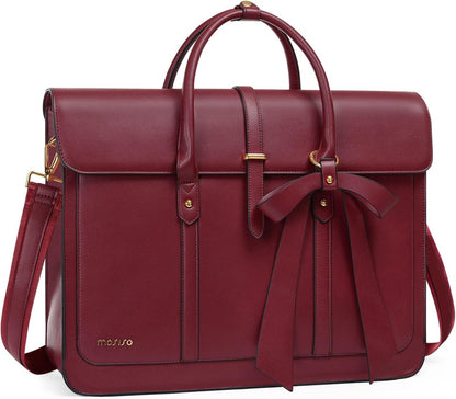 MOSISO Laptop Bag for Women, PU Leather Laptop Shoulder Bag Convertible Backpack, Work Travel Computer Bag with Bowknot - PuriLite
